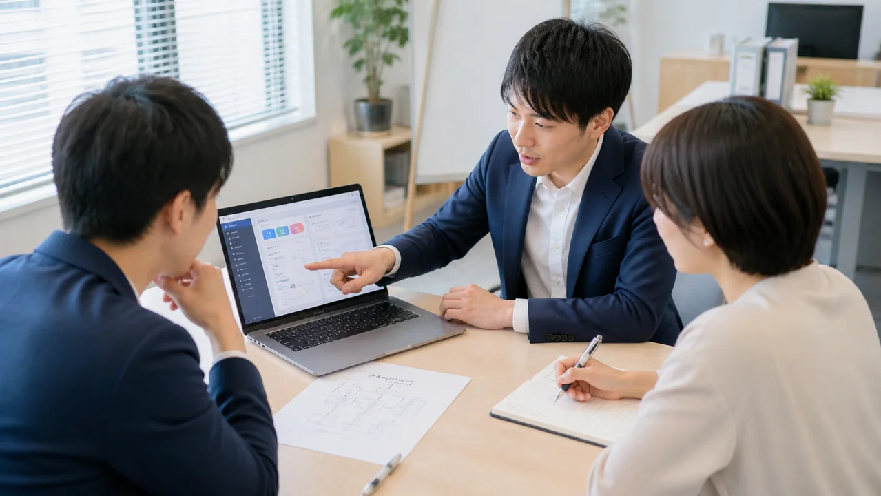 社員がノートPC上の業務ツールのプロトタイプを共同で確認するイメージ