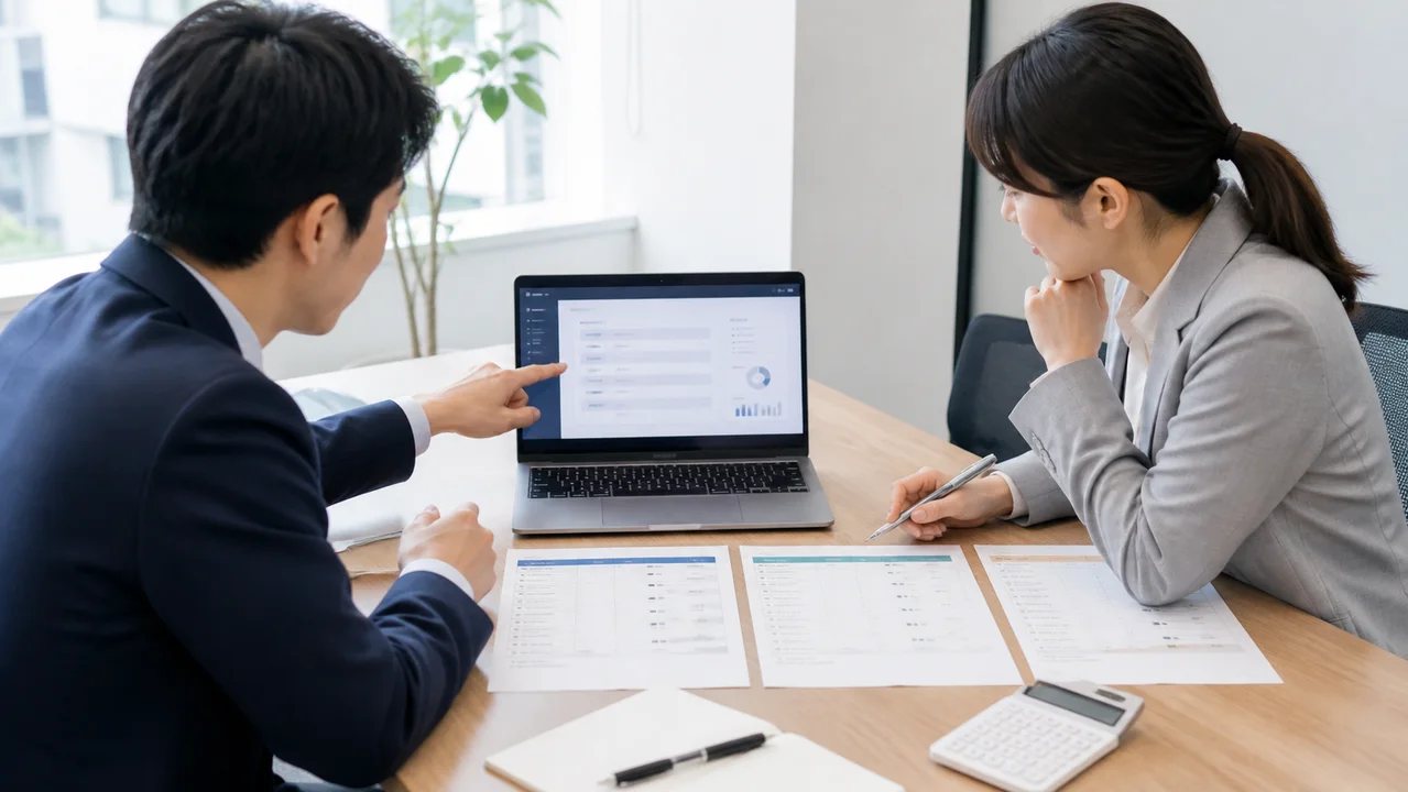 社員が業務ツールのプロトタイプと複数の開発見積書を比較するイメージ